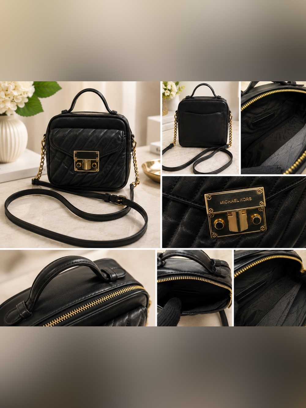 Michael Kors Black Quilted Leather Box Crossbody with Gold Hardware